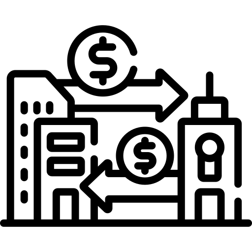 Two businesses with arrows with dollar signs pointing to each other representing a B2B relationship