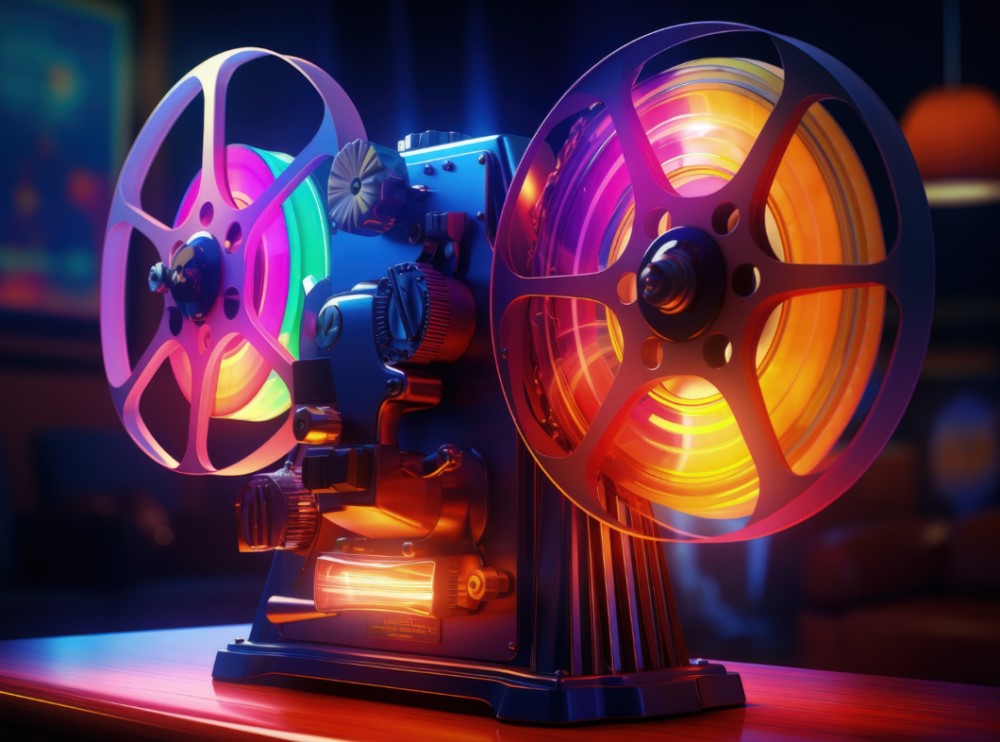 A projector with neon lights along the wheels and base